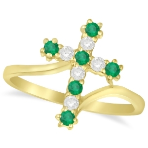 Diamond and Emerald Religious Cross Twisted Ring 14k Yellow Gold 0.33ct - All