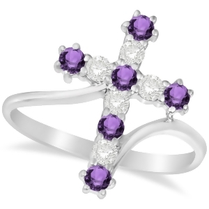 Diamond and Amethyst Religious Cross Twisted Ring 14k White Gold 0.51ct - All