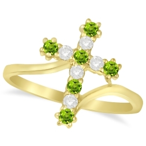 Diamond and Peridot Religious Cross Twisted Ring 14k Yellow Gold 0.33ct - All