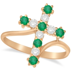 Diamond and Emerald Religious Cross Twisted Ring 14k Rose Gold 0.51ct - All