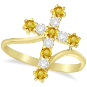 Diamond and Yellow Sapphire Religious Cross Twisted Ring 14k Yellow Gold 0.51ct - All
