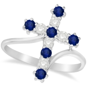 Diamond and Blue Sapphire Religious Cross Twisted Ring 14k White Gold 0.51ct - All