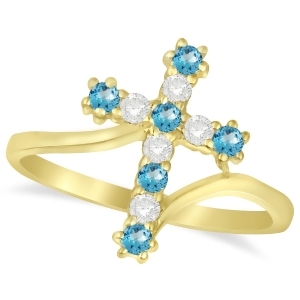 Diamond and Blue Topaz Religious Cross Twisted Ring 14k Yellow Gold 0.33ct - All