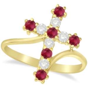 Diamond and Ruby Religious Cross Twisted Ring 14k Yellow Gold 0.51ct - All