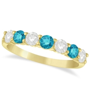 Blue and White Diamond 7 Stone Wedding Band 14k Yellow Gold 1.00ct - All