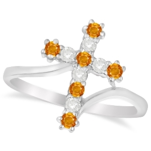 Diamond and Citrine Religious Cross Twisted Ring 14k White Gold 0.33ct - All