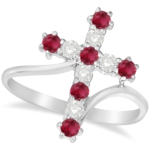 Diamond and Ruby Religious Cross Twisted Ring 14k White Gold 0.51ct - All