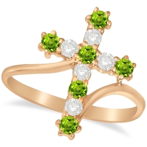 Diamond and Peridot Religious Cross Twisted Ring 14k Rose Gold 0.51ct - All