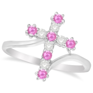 Diamond and Pink Sapphire Religious Cross Twisted Ring 14k White Gold 0.33ct - All
