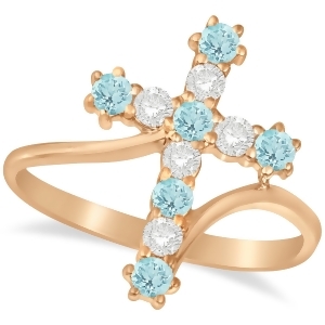Diamond and Aquamarine Religious Cross Twisted Ring 14k Rose Gold 0.51ct - All