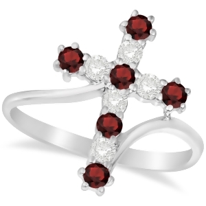 Diamond and Garnet Religious Cross Twisted Ring 14k White Gold 0.51ct - All
