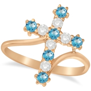 Diamond and Blue Topaz Religious Cross Twisted Ring 14k Rose Gold 0.51ct - All