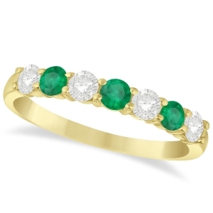 Diamond and Emerald 7 Stone Wedding Band 14k Yellow Gold 0.75ct - All