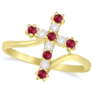 Diamond and Ruby Religious Cross Twisted Ring 14k Yellow Gold 0.33ct - All