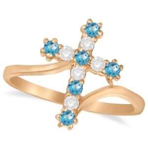 Diamond and Blue Topaz Religious Cross Twisted Ring 14k Rose Gold 0.33ct - All