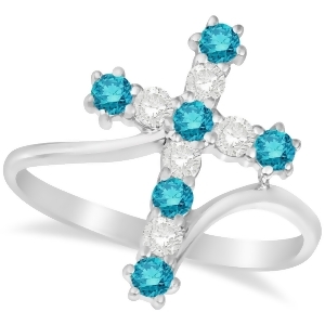 Blue and White Diamond Religious Cross Twisted Ring 14k White Gold 0.51ct - All