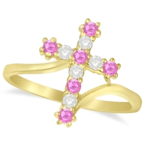 Diamond and Pink Sapphire Religious Cross Twisted Ring 14k Yellow Gold 0.33ct - All