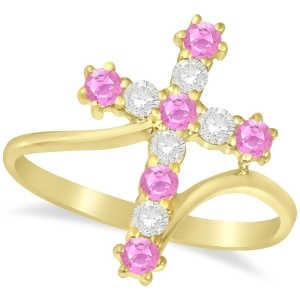 Diamond and Pink Sapphire Religious Cross Twisted Ring 14k Yellow Gold 0.51ct - All