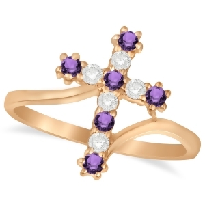 Diamond and Amethyst Religious Cross Twisted Ring 14k Rose Gold 0.33ct - All