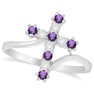 Diamond and Amethyst Religious Cross Twisted Ring 14k White Gold 0.33ct - All