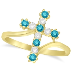 Blue and White Diamond Religious Cross Twisted Ring 14k Yellow Gold 0.33ct - All