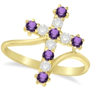 Diamond and Amethyst Religious Cross Twisted Ring 14k Yellow Gold 0.51ct - All