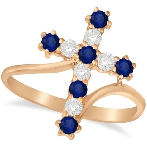 Diamond and Blue Sapphire Religious Cross Twisted Ring 14k Rose Gold 0.51ct - All