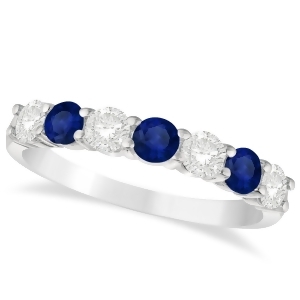 Diamond and Blue Sapphire 7 Stone Wedding Band 14k White Gold 1.00ct - All