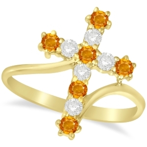 Diamond and Citrine Religious Cross Twisted Ring 14k Yellow Gold 0.51ct - All