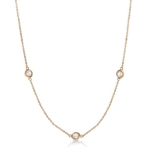 Diamond Station Three Stone Bezel-Set Necklace 14k Rose Gold 0.75ct - All
