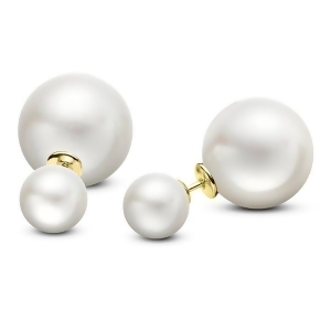 Freshwater White Round Pearl Double Pearl Studs 14k Yellow Gold 8-11mm - All