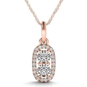 Halo Two Stone Diamond Pendant Necklace 14k Rose Gold 0.64ct - All
