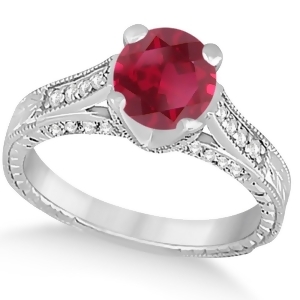 Diamond and Ruby Antique Engagement Ring 14k White Gold 1.40ct - All