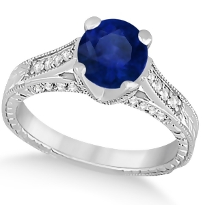 Diamond and Blue Sapphire Antique Engagement Ring 14k White Gold 1.40ct - All