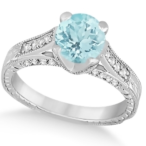 Diamond and Aquamarine Antique Engagement Ring 14k White Gold 1.40ct - All