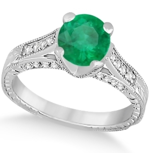 Diamond and Emerald Antique Engagement Ring 14k White Gold 1.40ct - All