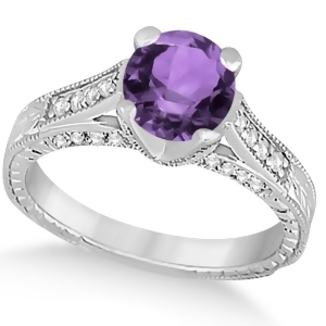 Diamond and Amethyst Antique Engagement Ring 14k White Gold 1.40ct - All