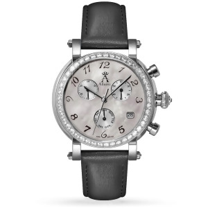 Allurez Women's Mother of Pearl Chronograph Black Leather Watch - All