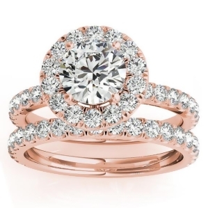 French Pave Halo Diamond Bridal Ring Set 18k Rose Gold 1.20ct - All
