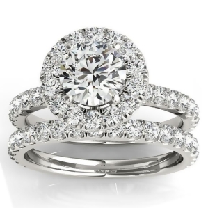 French Pave Halo Diamond Bridal Ring Set 18k White Gold 1.20ct - All