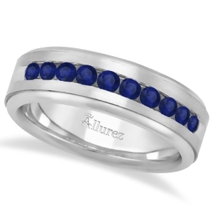 Men's Channel Set Blue Sapphire Wedding Band in Platinum 0.25ct - All