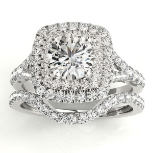 Square Double Halo Diamond Bridal Set Setting 14k White Gold 0.87ct - All