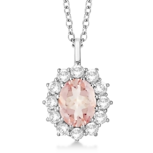 Oval Morganite and Diamond Pendant Necklace 14k White Gold 3.60ctw - All