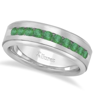 Men's Channel Set Emerald Ring Wedding Band in Platinum 0.25ct - All
