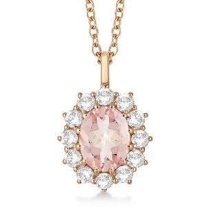 Oval Morganite and Diamond Pendant Necklace 14k Rose Gold 3.60ctw - All