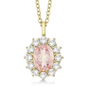 Oval Morganite and Diamond Pendant Necklace 14k Yellow Gold 3.60ctw - All