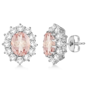 Oval Morganite and Diamond Earrings 14k White Gold 7.10ctw - All