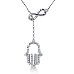 Infinity and Hamsa Religious Lariat Necklace 14k White Gold 0.20ct - All