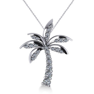 Diamond Tropical Palm Tree Pendant Necklace 14k White Gold 0.50ct - All