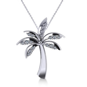 Diamond Summer Palm Tree Pendant Necklace 14k White Gold 0.24ct - All